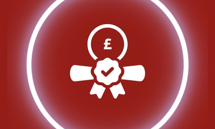 white icon vector of a degree scroll with a pound sign on a burgundy background